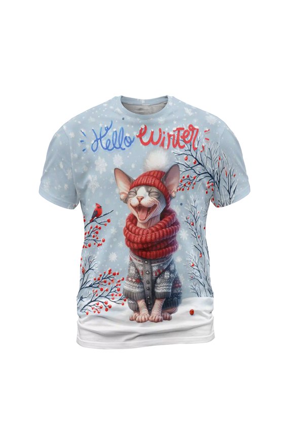 Hello Winter Sphynx Smiling in Red Scarf Hat Welcome Christmas All Over Print 3D Shirt Unisex Merch Cat Lover Kitten Owner Gifts Idea - 00017