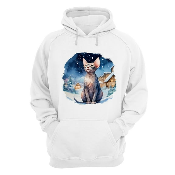 Hello Winter Sphynx Welcome Snowy Night Watercolor Vintage Hoodie Unisex Merch Hoodies Cat Lover Kitten Owner Gifts Idea - 01011