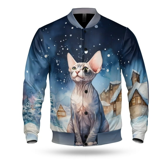 Hello Winter Sphynx Welcome Snowy Night Watercolor Vintage All Over Print 3D Baseball Jacket Cat Lover Kitten Owner Gifts Idea Bomber Jacket Softball - 01011