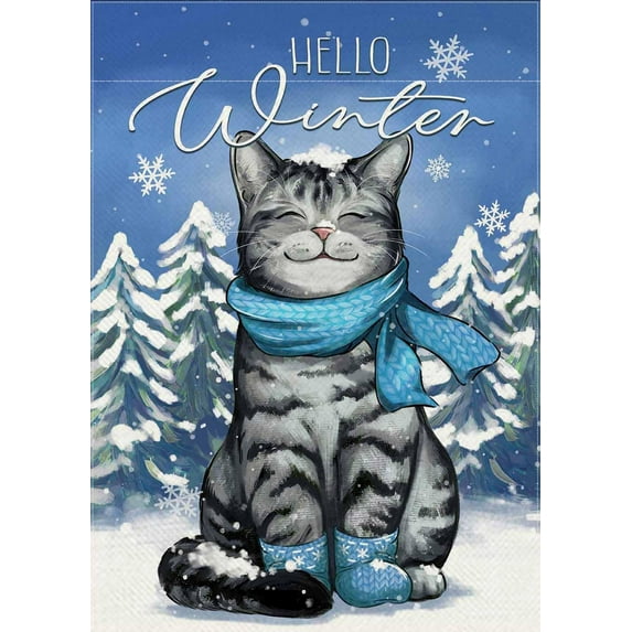 Hello Winter Tabby Cat Decorative Garden Flag, Pet Snowy Pine Tree Yard Outside Decorations Cat Lover Gifts, Christmas Seasonal Burlap Outdoor Small Home Decor Double Sided 12 x 18