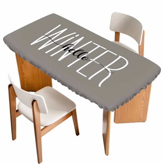 Hello Winter Table Cloths for 6 Foot Rectangle Tables, Grey Merry Christmas Holiday Patio Waterproof Elastic Fitted Tablecloths, Washable Rectangular Table Cover for Camping