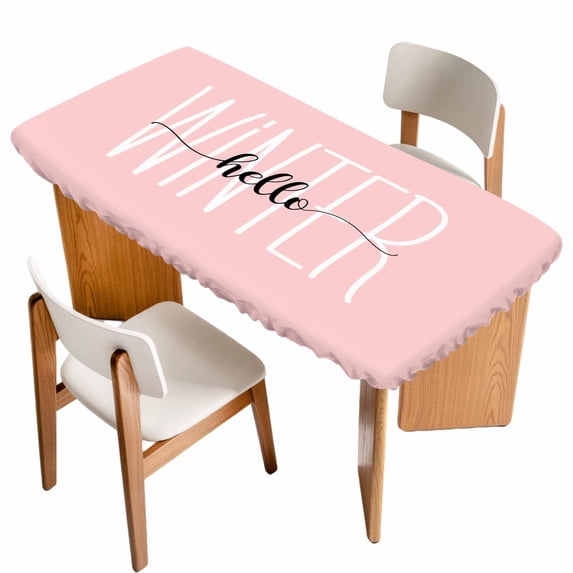 Hello Winter Table Cloths for 6 Foot Rectangle Tables, Pink Merry Christmas Holiday Patio Waterproof Elastic Fitted Tablecloths, Washable Rectangular Table Cover for Camping