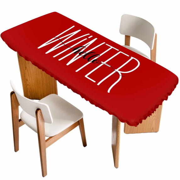 Hello Winter Table Cloths for 8 Foot Rectangle Tables, Red Merry Christmas New Year Patio Waterproof Elastic Fitted Tablecloths, Washable Rectangular Table Cover for Camping