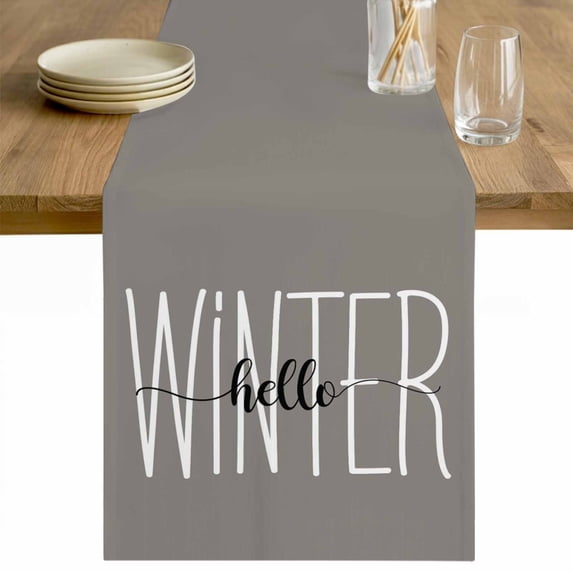 Hello Winter Table Runner 120 Inches Long Farmhouse Dress Scarves, Grey Merry Christmas Holiday Dining Tablerunner for Coffee Table/Kitchen Island/Party Décor, 13" x 120"