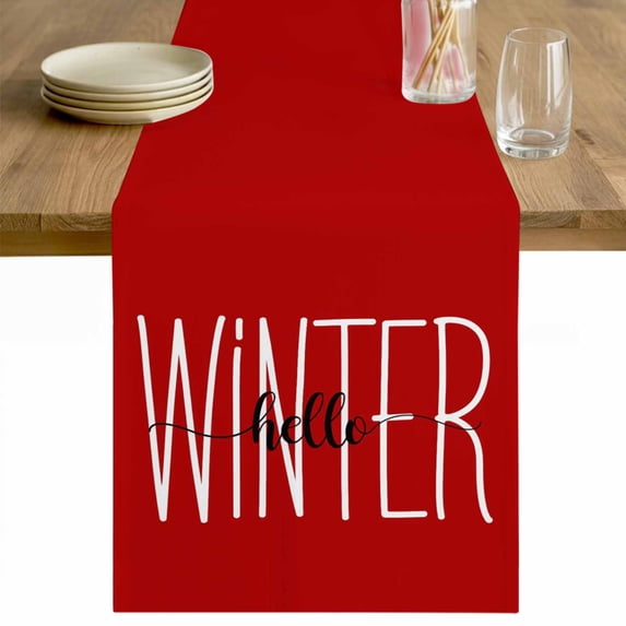 Hello Winter Table Runner 70 Inches Long Farmhouse Dress Scarves, Red Merry Christmas New Year Dining Tablerunner for Coffee Table/Kitchen Island/Party Décor, 13" x 70"