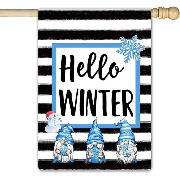 Hello Winter Three Gnomes Watercolor Stripes Garden Flag Large Vertical 28x40 Inch Snowflakes Snow Garden Yard House Flags for Winter Christmas Seasonal Outside Outdoor House Decor