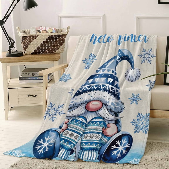 Hello Winter Throw Flannel Blanket 60x80In Blue Gnome Snowflake Glove Watercolor Super Soft Cozy Bed Blanket, Lightweight Plush Fuzzy Bed Throw for Bedroom Sofa Couch Living Room