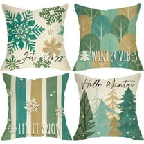 Hello Winter Vibes Pine Tree Decorative Throw Pillow Covers 16 x 16 Set of 4, Green Get Cozy Snowflake Stripes Porch Outdoor Home Decor, Christmas Let It Snow Seasonal Couch Cushion Case
