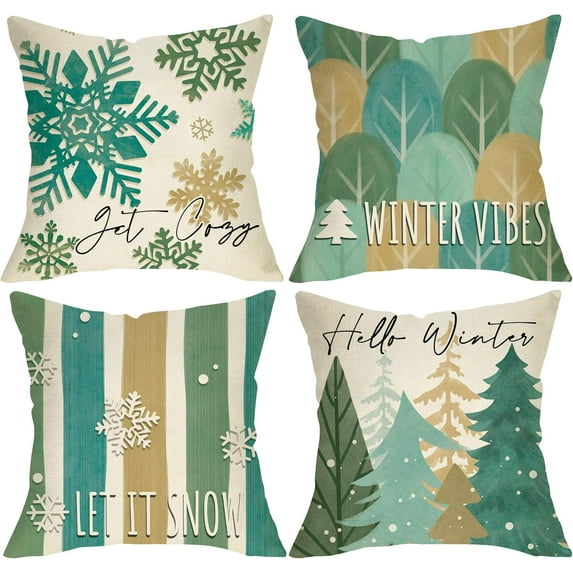 Hello Winter Vibes Pine Tree Decorative Throw Pillow Covers 20 x 20 Set of 4, Green Get Cozy Snowflake Stripes Porch Outdoor Home Decor, Christmas Let It Snow Seasonal Couch Cushion Case