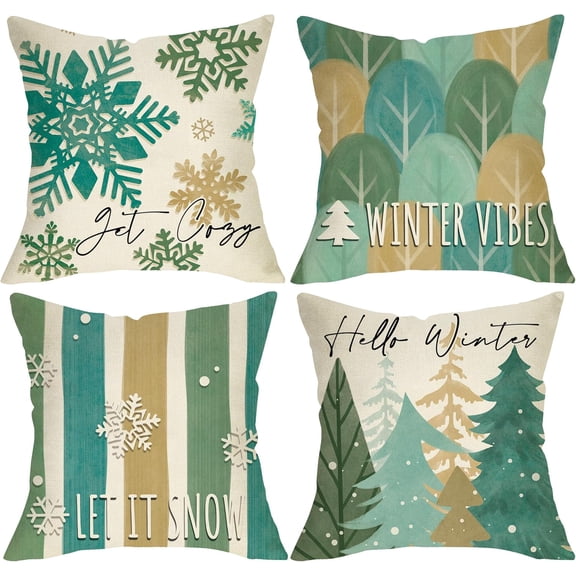 Hello Winter Vibes Pine Tree Decorative Throw Pillow Covers 20 x 20 Set of 4, Green Get Cozy Snowflake Stripes Porch Outdoor Home Decor, Christmas Let It Snow Seasonal Couch Cushion Case
