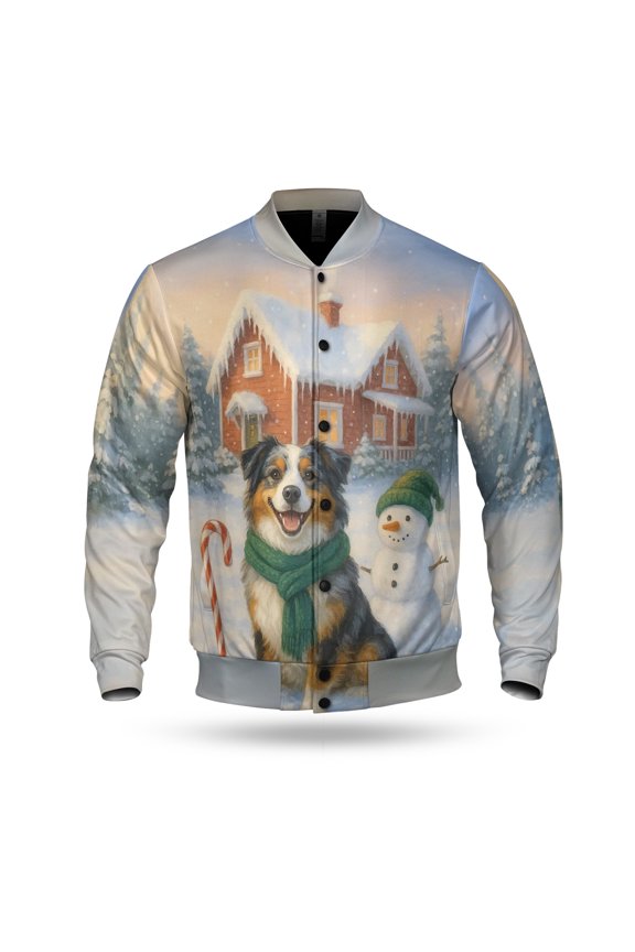 Hello Winter Vintage Australian Shepherd Enjoys Snowy Day with Snowman All Over Print 3D Baseball Jacket Aussie Dog Lover Gifts Bomber Jacket Softball - 12019