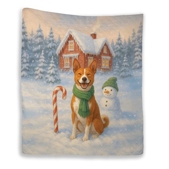 Hello Winter Vintage Basenji Enjoys Snowy Day with Snowman Quilt Blanket African Barkless Dog Lover Cozy Comforter Throw Blanket - 12019
