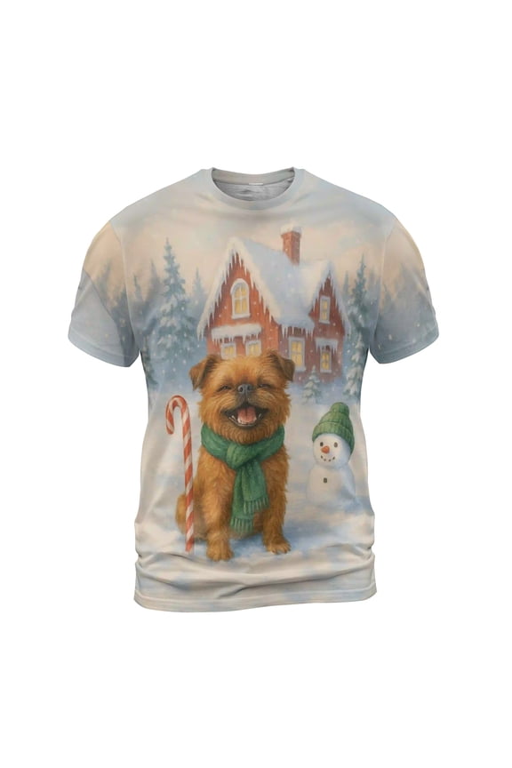 Hello Winter Vintage Brussels Griffon Enjoys Snowy Day with Snowman All Over Print 3D Shirt Unisex Merch Griff Dog Lover - 12019