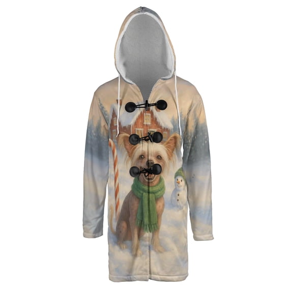 Hello Winter Vintage Chinese Crested Enjoys Snowy Day with Snowman All Over Print 3D Hooded Duffle Toggle Coat Dog Lover - 12019