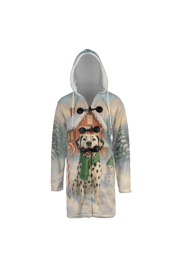 Hello Winter Vintage Dalmatian Enjoys Snowy Day with Snowman All Over Print 3D Hooded Duffle Toggle Coat Dog Lover - 12019