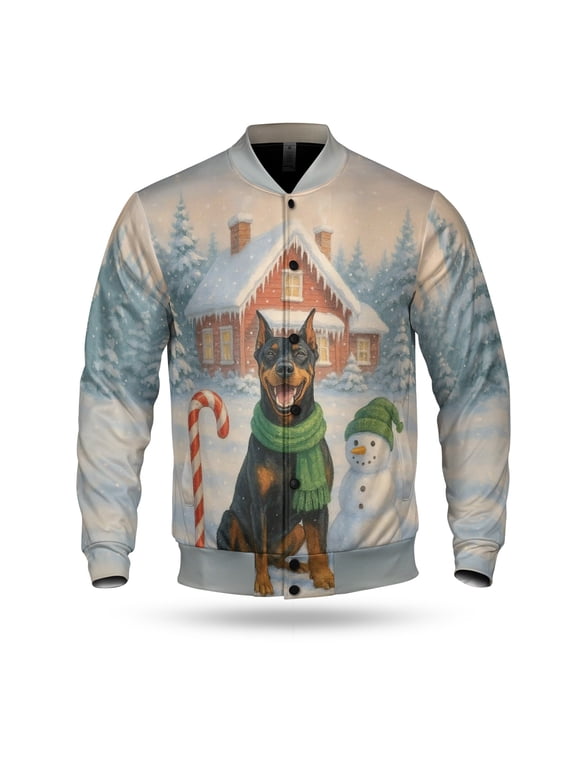 Hello Winter Vintage Doberman Pinscher Enjoys Snowy Day with Snowman All Over Print 3D Baseball Jacket Doberman Dog Lover Gifts Bomber Jacket Softball - 12019