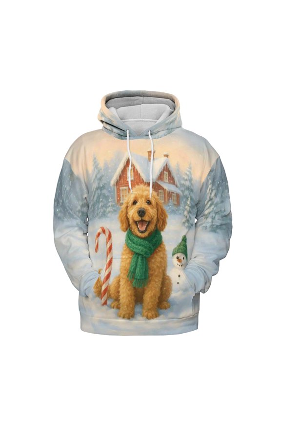 Hello Winter Vintage Goldendoodle Enjoys Snowy Day with Snowman All Over Print 3D Hoodie Unisex Merch Hoodies Doodle Dog Lover Gifts Idea - 12019
