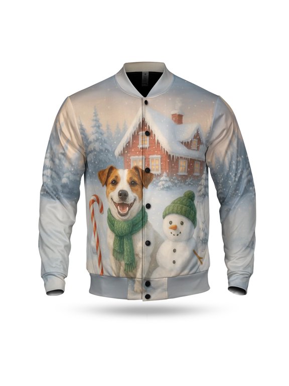 Hello Winter Vintage Jack Russell Terrier Enjoys Snowy Day with Snowman All Over Print 3D Baseball Jacket Parson Jack Dog Lover Bomber Jacket Softball - 12019