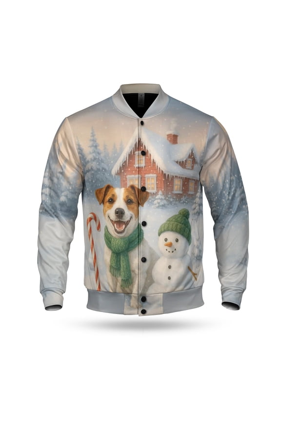 Hello Winter Vintage Jack Russell Terrier Enjoys Snowy Day with Snowman All Over Print 3D Baseball Jacket Parson Jack Dog Lover Bomber Jacket Softball - 12019
