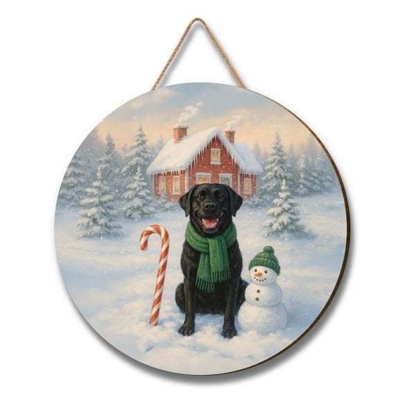 Hello Winter Vintage Miniature Pinscher Enjoys Snowy Day with Snowman Round Wood Sign Mini Pin Dog Lover Hanging Wall Home Decor - 12019