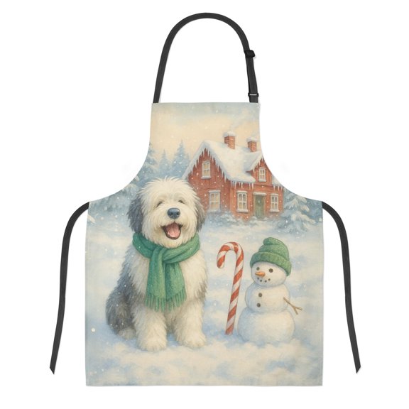 Hello Winter Vintage Old English Sheepdog Enjoys Snowy Day with Snowman Apron Dog Lover for Cooking Grilling Baking Painting Gardening - 12019