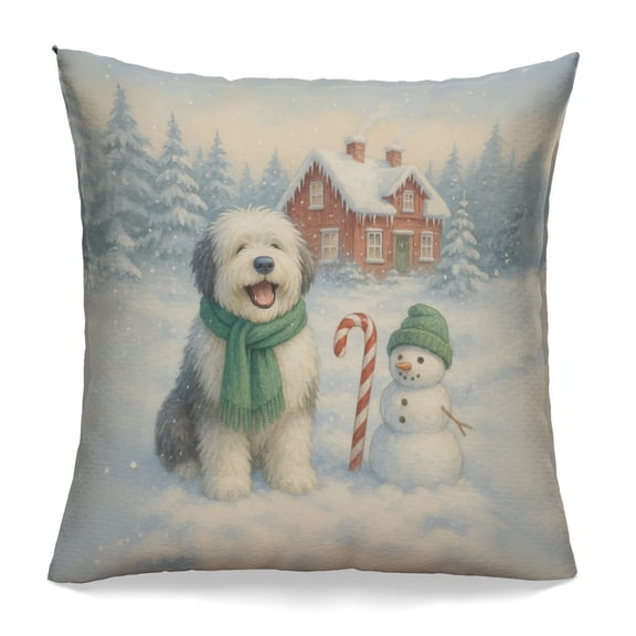 Hello Winter Vintage Old English Sheepdog Enjoys Snowy Day with Snowman Pillowcase Double Sided Dog Lover Pillow Case Covers - 12019
