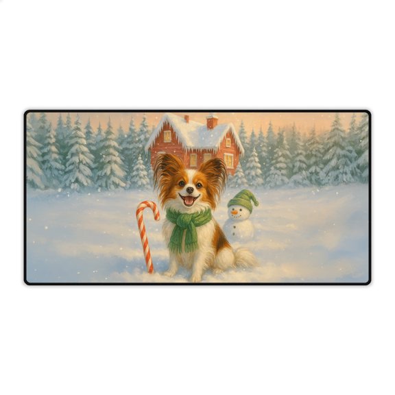 Hello Winter Vintage Papillon Enjoys Snowy Day with Snowman Desk Mat Full Keyboard Mouse Pad Pap Butterfly Dog Lover Large Mousepad - 12019