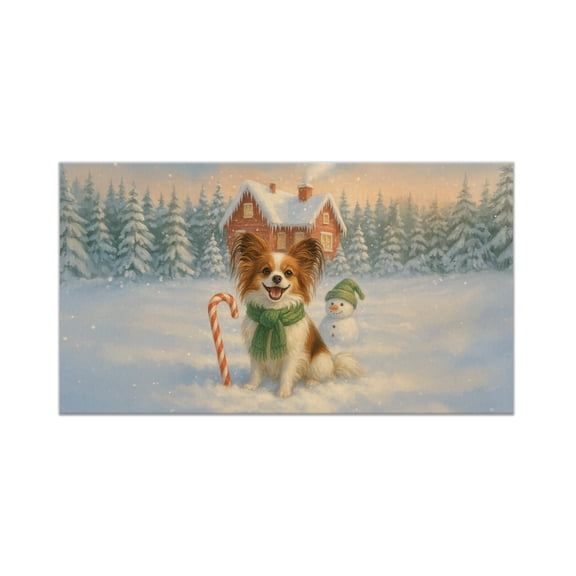 Hello Winter Vintage Papillon Enjoys Snowy Day with Snowman Doormat Pap Butterfly Dog Lover Indoor Outdoor Welcome Mat - 12019