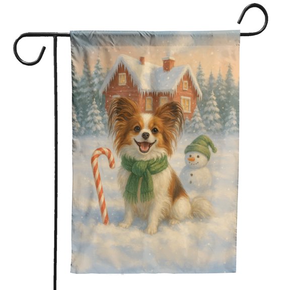 Hello Winter Vintage Papillon Enjoys Snowy Day with Snowman Garden Flag 12x18in Double Sided Pap Butterfly Dog Lover Outdoor Decor - 12019