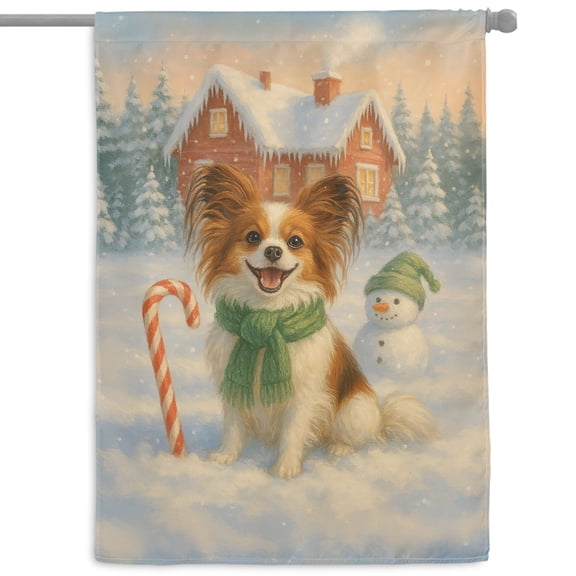 Hello Winter Vintage Papillon Enjoys Snowy Day with Snowman House Flag 28x40in Double Sided Pap Butterfly Dog Lover Outdoor Decor - 12019