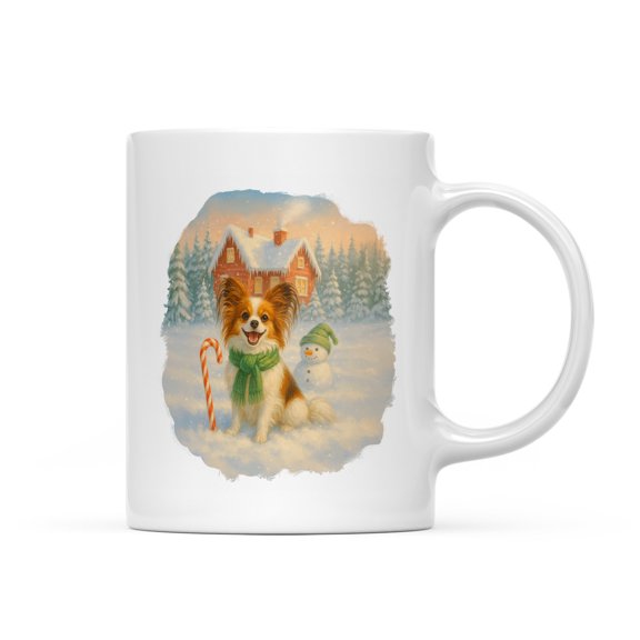 Hello Winter Vintage Papillon Enjoys Snowy Day with Snowman Mug Pap Butterfly Dog Lover Coffee Tea Cup - 12019