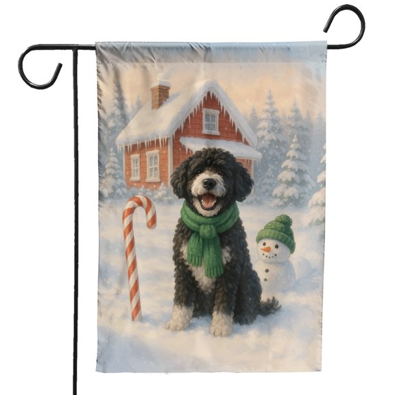 Hello Winter Vintage Portuguese Water Dog Enjoys Snowy Day with Snowman Garden Flag 12x18in Double Sided PWD Portie Fishing Dog Lover Outdoor Decor - 12019