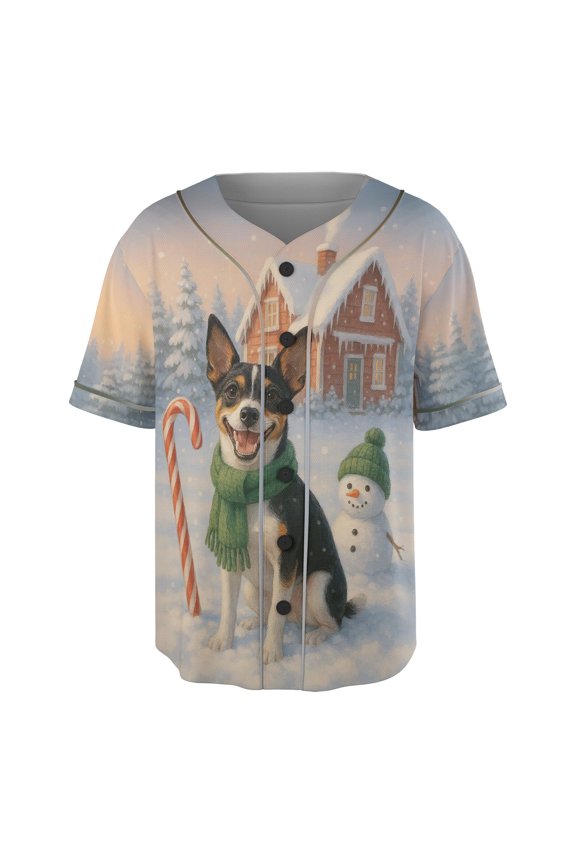 Hello Winter Vintage Rat Terrier Enjoys Snowy Day with Snowman All Over Print 3D Baseball Shirt Ratty Dog Lover Softball Sport - 12019