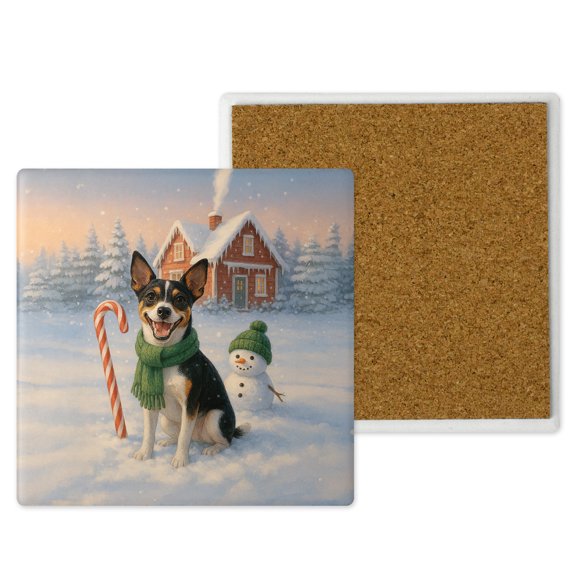Hello Winter Vintage Rat Terrier Enjoys Snowy Day with Snowman Set of 4 Stone Coasters Ratty Dog Lover 4x4in Absorbent Soapstone Coaster - 12019