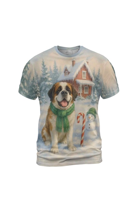 Hello Winter Vintage Saint Bernard Enjoys Snowy Day with Snowman All Over Print 3D Shirt Unisex Merch St Dog Lover - 12019