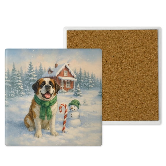 Hello Winter Vintage Saint Bernard Enjoys Snowy Day with Snowman Set of 4 Stone Coasters St Dog Lover 4x4in Absorbent Soapstone Coaster - 12019