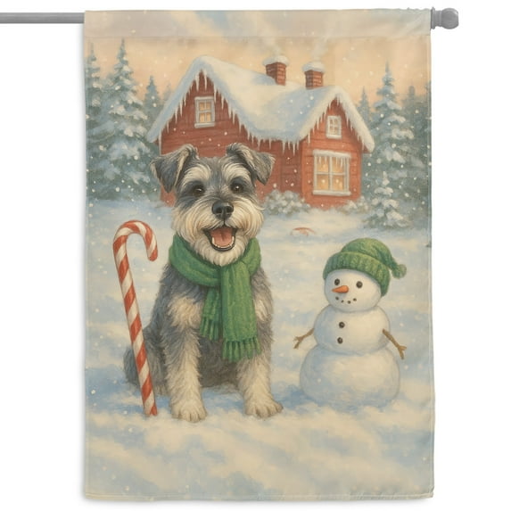 Hello Winter Vintage Schnauzer Enjoys Snowy Day with Snowman House Flag 28x40in Double Sided Miniature Schnauzer Dog Lover Outdoor Decor - 12019