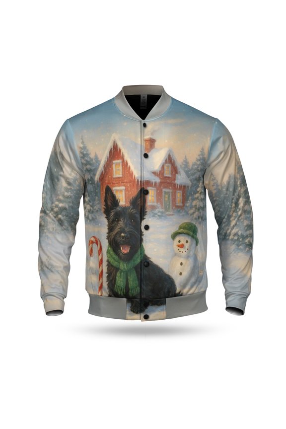 Hello Winter Vintage Scottish Terrier Enjoys Snowy Day with Snowman All Over Print 3D Baseball Jacket Scottie Dog Lover Gifts Bomber Jacket Softball - 12019