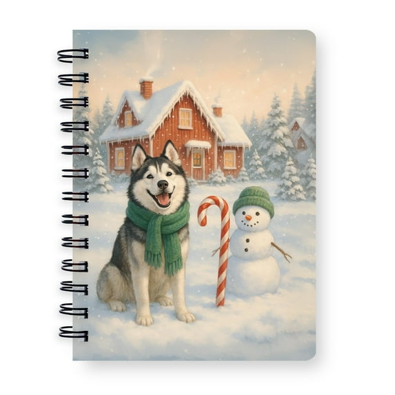 Hello Winter Vintage Siberian Husky Enjoys Snowy Day with Snowman Spiral Bound Journal Husky Dog Lover Gifts 5x7in Spiral Notebook - 12019