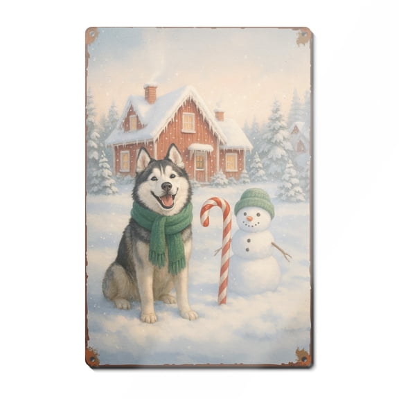 Hello Winter Vintage Siberian Husky Enjoys Snowy Day with Snowman Vertical Metal Aluminum Sign Husky Dog Lover Gifts Wall Art Home Decor - 12019
