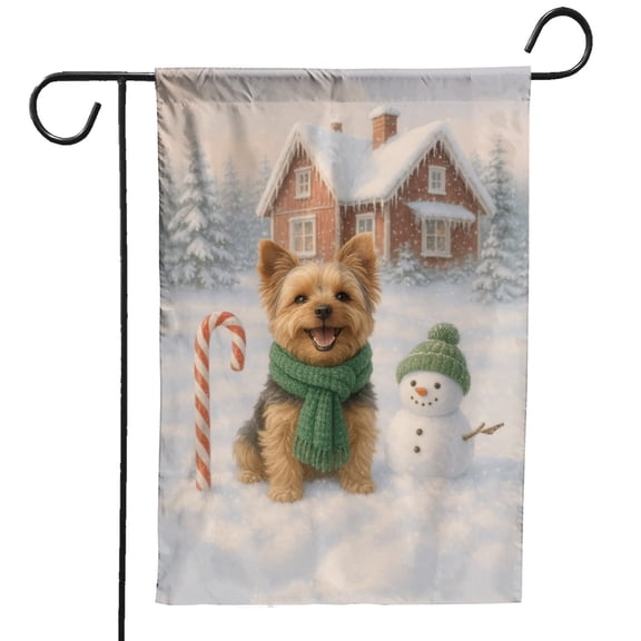 Hello Winter Vintage Yorkshire Terrier Enjoys Snowy Day with Snowman Garden Flag 12x18in Double Sided Yorkie Dog Lover Gifts Outdoor Decor - 12019