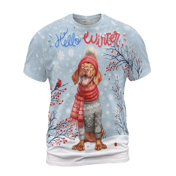 Hello Winter Vizsla Smiling in Red Scarf Hat Welcome Christmas All Over Print 3D Shirt Unisex Merch Vizslas Dog Lover Gifts Idea - 00017