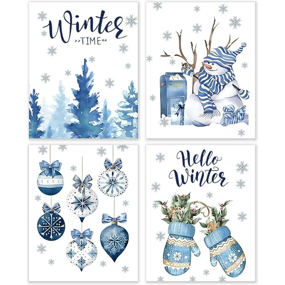 Hello Winter Wall Art, Christmas Wall Decor, Blue Christmas Snowflake Wall Art Prints, Winter Snowman Poster Wall Decor for Living Room Bedroom, Let It Snow Decor, 8x10 Inches Set of 4 Unframed