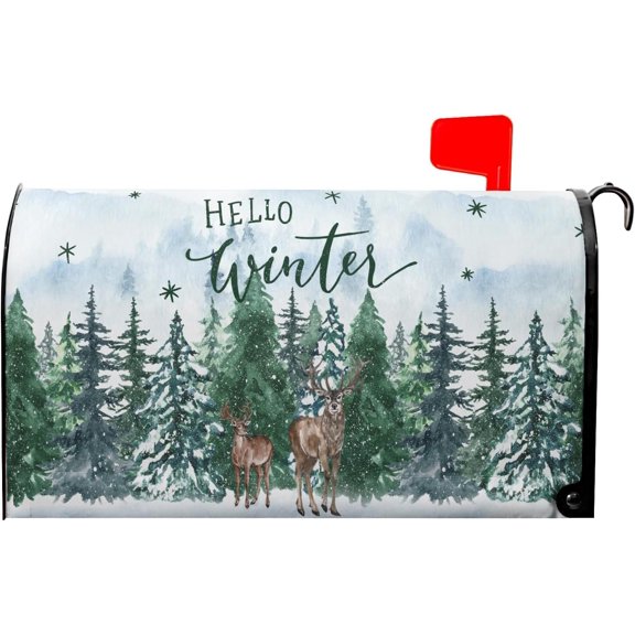 Hello Winter Welcome Pine Trees Mailbox Covers Magnetic Standard Size 18"x21" Christmas Snow Green Forest Mailbox Cover Winter Mailbox Wraps Post Letter Box Cover Decor for Home Garden Yard