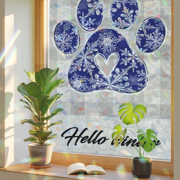 Hello Winter Window Privacy Film, Minimalist Navy Blue Dog Paw Print Beige Gingham Static Cling Stained Glass Window Sticker Decorative Removable Rainbow Film for Glass 17.7”x39.3”