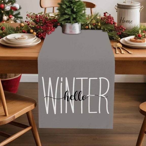 Hello Winter Words on Gray Table Runner 13x90in Non-Slip Cotton Linen Table Runners, Letters Art Dresser Scarves TableRunner for Dinner Kitchen Dining Wedding Party