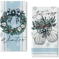 thumbnail image 1 of Hello Winter Wreath Mitten Blue Kitchen Dish Towels Set of 2, Get Cozy Pine Needle Pinecone Hand Towels Drying Baking Cooking Cloth, Snowflake Christmas Red Berry Home Kitchen Decor 18 x 26 in, 1 of 6