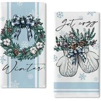 Hello Winter Wreath Mitten Blue Kitchen Dish Towels Set of 2, Get Cozy Pine Needle Pinecone Hand Towels Drying Baking Cooking Cloth, Snowflake Christmas Red Berry Home Kitchen Decor 18 x 26 in