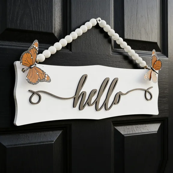 Hello Wooden Welcome Sign with Vivid Butterflies and Wood Beads String for Front Door, 13"x3.6" Rustic Hanging Indoor Outdoor Wall Decor, Farmhouse Wreath for Porch, White