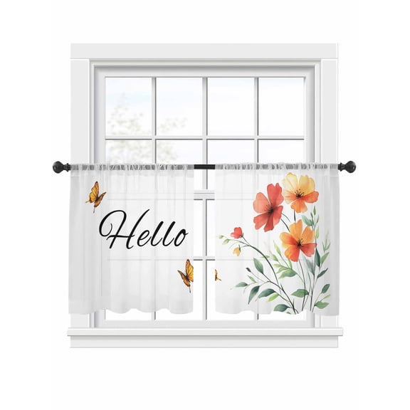 Hello Word Spring Orange Floral Summer Sheer Curtains 2 Panels Set Green Leaf Sheer Window Curtains Light Filtering Rod Pocket Voile Drapes for Bedroom Living Room 52"x45"